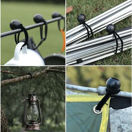 Collage of black rubber ball tarp straps in use