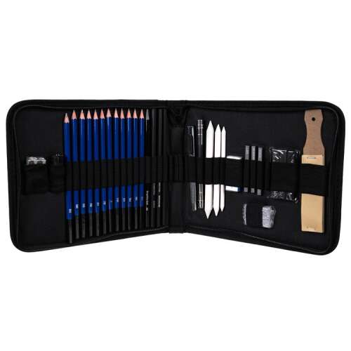 32 piece drawing set with pencils, charcoal, erasers, and more in a black case