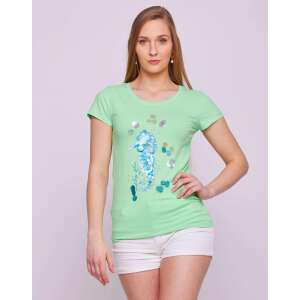 Tricou verde pentru femei cu imprimeu cu cal de mare și paiete, marca Seahorse - Îmbrăcăminte pentru femei