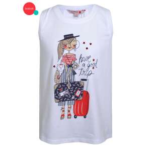Weißes boboli ärmelloses Oberteil für Mädchen mit einem Aufdruck eines Mädchens mit einem Koffer und dem Text 'have a good trip' - Boboli