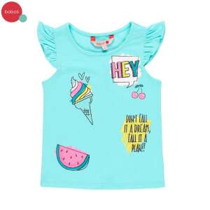 Boboli türkisfarbenes T-Shirt für Mädchen mit Eiscreme-, Wassermelonen- und Kirschendruck, kurze Ärmel mit Rüschen - Boboli