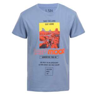 Blaues LOSAN Jungen-T-Shirt mit einem Grafikdruck einer Wüstenlandschaft und dem Text 'Trip Mood' und 'Take the long way home'. - Babys & Toddler