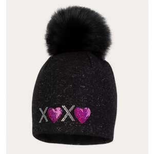 Schwarze gestrickte Wintermütze mit Bommel und XOXO-Design mit rosa Herzen für Mädchen, broel - Kindermützen, Sets