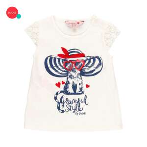 biele bavlnené tričko boboli pre dievčatá s potlačou mačky a čipkovanými rukávmi - Boboli