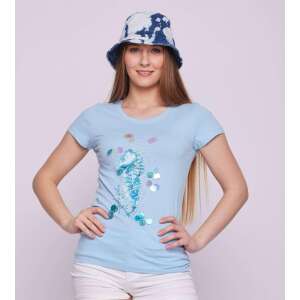 Tricou dama de culoare albastru deschis cu imprimeu cu cal de mare și paiete, marca Seahorse - Îmbrăcăminte pentru femei