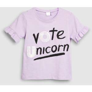 Лавандулово лилаво късо ръкавно тениске с надпис 'vote unicorn' и пайети, тениската има волани на ръкавите - Next
