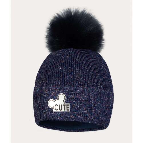 Kék kötött téli sapka pomponnal és aranyos ezüst logóval lányoknak, 3-4 éveseknek