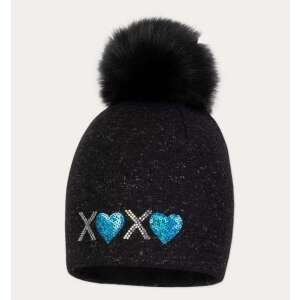 Schwarze gestrickte Wintermütze mit Bommel und XOXO-Design mit türkisfarbenen Pailletten, für Mädchen von 4-6 Jahren - Kindermützen, Sets