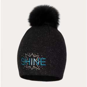 Fekete kötött sapka pomponnal és strasszokkal, 'SHINE' mintával, lányoknak 4-6 éves korig - Broel