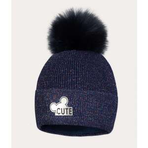 Blaue gestrickte Wintermütze mit Bommel und süßem silbernem Logo für Mädchen - Kindermützen, Sets