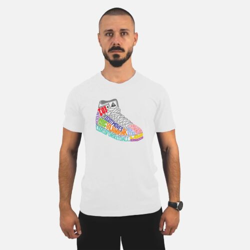 Peak Retro fehér póló színes cipő grafikával, stílusos pamut póló férfiaknak - Férfi ruházat