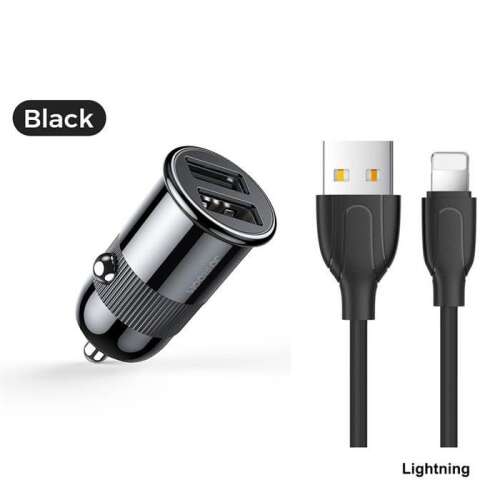 Joyroom C-A06 fekete autós töltő dupla USB porttal és Lightning kábellel
