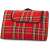 Red plaid picnic blanket with waterproof backing, rolled up and showing the handle