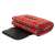 Red plaid picnic blanket with waterproof backing, folded and showing the waterproof backing