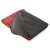 Red plaid picnic blanket with waterproof backing, folded and showing the waterproof backing