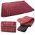 Red plaid picnic blanket with waterproof backing, unfolded and showing the handle