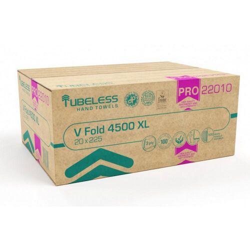 Tubeless V Hajtogatott kéztörlő 2 rétegű, fehér, 100% cellulóz, 25x21cm, 20x225 lap, 4500 lap/karton 176526533 - Papírtörlő