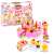 Pink pretend play cake set with 75 pieces, including cake slices, fruit, candles, and utensils