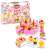 Pink pretend play cake set with 75 pieces, including cake slices, fruit, candles, and utensils