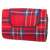 Red and blue plaid picnic blanket with waterproof backing, folded, showing the handle and velcro closure