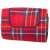 Red and blue plaid picnic blanket with waterproof backing, folded, showing the handle and velcro closure
