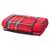 Red and blue plaid picnic blanket with waterproof backing, folded, showing the handle and velcro closure