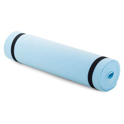 Niebieska mata do jogi zwinięta z czarnymi paskami