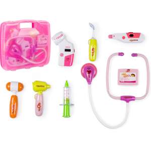 Pink doctor's kit for kids, with stethoscope, thermometer, blood pressure monitor, otoscope, syringe, hammer, doctor's badge, throat mirror, and light effects - Doctor Playset