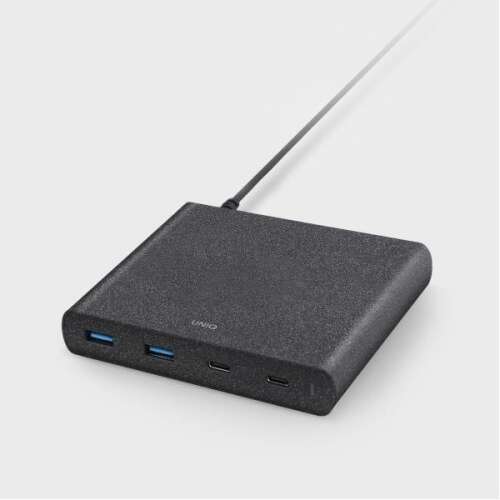 Uniq Surge 90W 4-portový USB nabíjací stojan s 2x USB-C Power Delivery a 2x Quick Charge 3.0, čierny