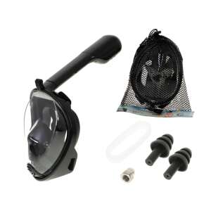 Full face snorkeling mask, black, L/XL size, with carrying bag, earplugs, and snorkel tube - Diving Mask
