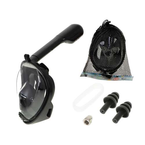 Full face snorkeling mask, black, L/XL size, with carrying bag, earplugs, and snorkel tube