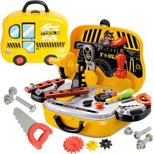 Yellow bus shaped toy toolbox with tools for kids, pretend play, construction toys - Kik