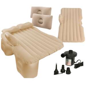 Beige inflatable car bed mattress with pump, two pillows, and patch kit - Camping Mat
