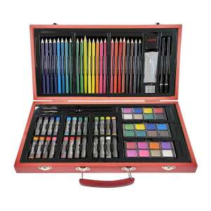 Timeless Tools 84 piece art set with colored pencils, watercolors, oil pastels, brushes, and more in a wooden carrying case - Writing Tool Set