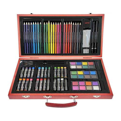 Timeless Tools 84 piece art set with colored pencils, watercolors, oil pastels, brushes, and more in a wooden carrying case