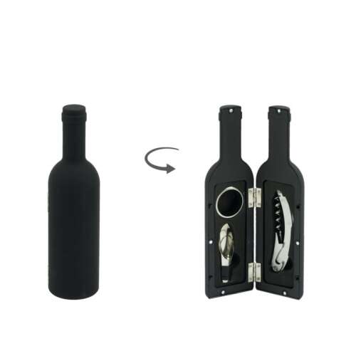 Bornyitó szett palack formájú tokban, tartalmaz dugóhúzót, cseppfogót és kiöntőt