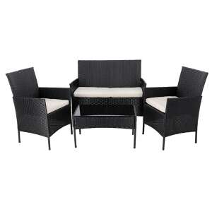 Schwarzes Rattan-Möbelset mit cremefarbenen Kissen (Sofa, 2 Stühle, Bank) 82877543