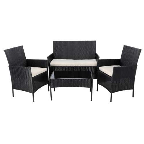 Súprava čierneho ratanového nábytku s krémovým vankúšom ( pohovka, 2 stoličky, lavica)