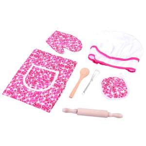 Pink chef set with apron, hat, gloves, rolling pin, spoon, and whisk - Toy kitchen tool