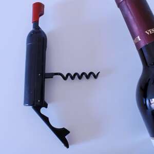 Fekete dugóhúzó palacknyitóval és kupaknyitóval, piros fogantyú - Báreszköz