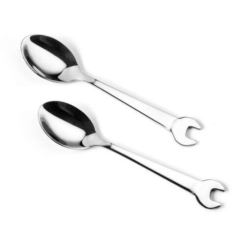 2 piece wrench shaped teaspoon set, silver, stainless steel, for coffee, tea, dessert