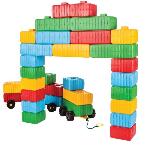 Pilsan Építőkocka Brick Blocks and Car Set, 43 darab színes műanyag építőkocka és játékautó - Pilsan