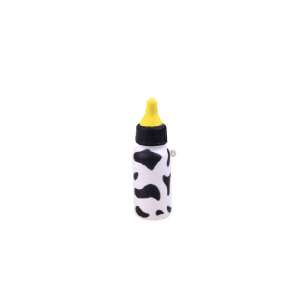 Black and white cow print stress ball shaped like a baby bottle - Ramiz