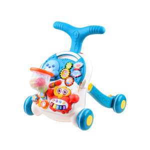 Blue and white baby walker with a basketball hoop, musical keyboard, and other interactive features - Push & Pull Toy
