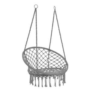 Scaun suspendat rotund gri cu franjuri macrame, perfect pentru relaxare în interior sau exterior. - Depozitare pantofi, Fotolii suspendate, Fotolii, Scaune suspendate și Biblioteci și rafturi