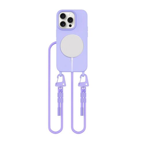 Tech-Protect Magnecklace levendula iPhone 15 Pro tok MagSafe kompatibilitással és állítható pánttal fehér háttér előtt - Tech-Protect