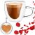 Springos dupla falú, szív alakú üveg bögre latte art-tal, rózsaszirmokkal