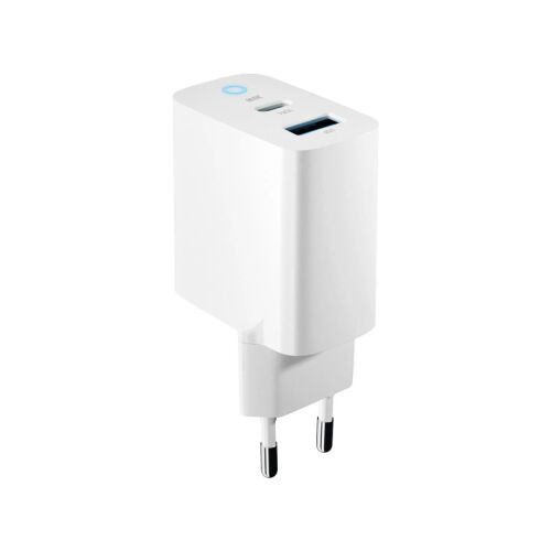 Forever TC-06-20AC 20W USB-C és USB fali töltő, fehér, ferde nézet - Forever