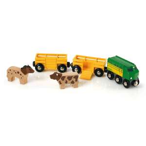 Brio Farm Train 33404, green locomotive, yellow cargo cars, brown and white cow, brown horse, wooden toy train set - Brio