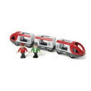 Brio 33505 Travel Train, red and grey wooden train set with two carriages, two figures, and a track - Brio